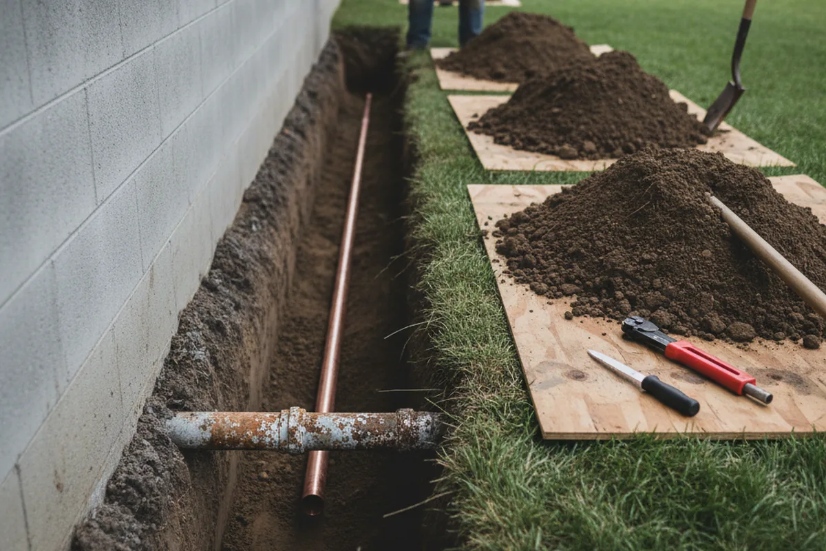 Excavated water line trench during Water Heater Repair in West Jefferson